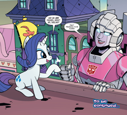Size: 1988x1802 | Tagged: safe, artist:jack lawrence, artist:luis antonio delgado, idw, rarity, g4, spoiler:comic, spoiler:friendship in disguise, spoiler:friendship in disguise01, arcee, comic, crossover, cute, darling, fist bump, friendship in disguise, hoofbump, manehattan, raribetes, rarity for you, size difference, to be continued, transformers
