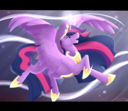 Size: 3500x3037 | Tagged: safe, artist:onecoolmule, twilight sparkle, alicorn, pony, g4, the last problem, armor, blurry, crown, crying, female, floating, flowing mane, flowing tail, flying, high res, hoof shoes, horn magic, jewelry, mare, older, older twilight, older twilight sparkle (alicorn), open mouth, peytral, princess twilight 2.0, raised leg, regalia, singing, soft color, solo, spread wings, tears of pain, twilight sparkle (alicorn), widescreen, wings