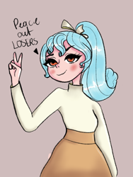 Size: 1620x2160 | Tagged: dead source, safe, artist:lilmissnightshade, cozy glow, human, g4, female, humanized, older, older cozy glow, peace sign, smug, solo