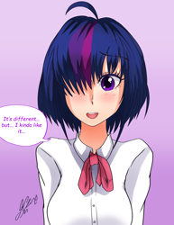 Size: 2550x3300 | Tagged: safe, artist:manhunterj, twilight sparkle, human, g4, alternate hairstyle, anime, dialogue, female, hair over one eye, haircut, high res, humanized, open mouth, short hair, signature, solo, speech bubble