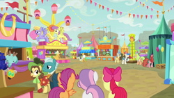 Size: 1920x1080 | Tagged: safe, screencap, apple bloom, bon bon, bushel, cloud kicker, floral pattern, fortune favors, hoss, may fair, parasol, perfect pie, poirot braneigh, scootaloo, sweetie belle, sweetie drops, tree h. hooffield, winter wisp, earth pony, pegasus, pony, g4, growing up is hard to do, my little pony: friendship is magic, apple family member, butt, cutie mark crusaders, female, male, mare, older, plot, stallion