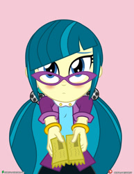 Size: 1500x1942 | Tagged: safe, artist:dieart77, juniper montage, equestria girls, g4, begging, blushing, bracelet, bronybait, clothes, commission, cute, female, glasses, jewelry, junibetes, moe, movie ticket, nervous, pigtails, skirt, solo, weapons-grade cute
