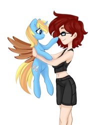 Size: 3600x4500 | Tagged: safe, artist:shooshaa, oc, oc only, oc:skydreams, human, pony, unicorn, artificial wings, augmented, belly button, boop, clothes, commission, cute, female, glasses, holding a pony, human female, human on pony snuggling, mare, mechanical wing, midriff, red hair, short shirt, shorts, snuggling, wings, ych result