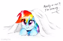 Size: 2954x1948 | Tagged: safe, artist:liaaqila, rainbow dash, pegasus, pony, g4, cute, dashabetes, dialogue, event horizon of cuteness, eye clipping through hair, female, hide and seek, hiding, hoof fluff, leg fluff, liaaqila is trying to murder us, liaaqila is trying to murder us with dashabetes, looking up, mare, offscreen character, prone, sheet, simple background, smiling, smirk, solo, traditional art, white background