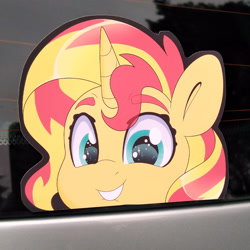 Size: 3120x3120 | Tagged: safe, artist:partypievt, sunset shimmer, pony, unicorn, g4, anime, anime eyes, bumper sticker, car, chibi, craft, cute, etsy, eyebrows, eyebrows visible through hair, female, ford focus, high res, irl, lip bite, looking at you, mare, peeker, photo, shimmerbetes, solo, sticker