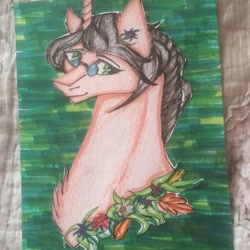 Size: 1080x1080 | Tagged: safe, artist:olyaandspid, pony, unicorn, attack on titan, bust, chest fluff, floral necklace, glasses, grisha jaeger, ponified, solo, traditional art