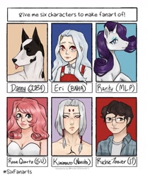 Size: 1080x1290 | Tagged: safe, artist:izzy8cake, rarity, dog, gem (race), great dane, human, pony, unicorn, g4, bust, clothes, crossover, danny (jojo's bizarre adventure), disguise, disguised diamond, eri (my hero academia), female, glasses, it, jojo's bizarre adventure, kimimaro, makeup, male, mare, my hero academia, naruto, overalls, richie tozier, rose quartz (steven universe), six fanarts, smiling, steven universe, tongue out