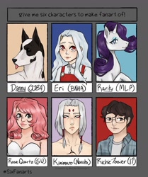 Size: 1080x1290 | Tagged: safe, alternate version, artist:izzy8cake, rarity, dog, gem (race), great dane, human, pony, unicorn, g4, bust, clothes, crossover, danny (jojo's bizarre adventure), disguise, disguised diamond, eri, female, glasses, it, jojo's bizarre adventure, kimimaro, makeup, male, mare, my hero academia, naruto, overalls, richie tozier, rose quartz (steven universe), six fanarts, smiling, steven universe, tongue out