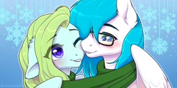 Size: 2000x1000 | Tagged: safe, artist:kyotoleopard, oc, oc only, earth pony, pegasus, pony, blushing, clothes, commission, digital art, duo, female, floppy ears, glasses, looking at each other, mare, one eye closed, scarf, snuggling, wings