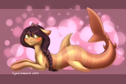 Size: 1280x853 | Tagged: safe, artist:kyotoleopard, oc, oc only, original species, pony, shark, shark pony, blushing, digital art, fins, hooves, looking at you, simple background, solo, tail