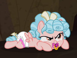 Size: 840x634 | Tagged: safe, artist:small-brooke1998, edit, edited screencap, screencap, cozy glow, pegasus, pony, frenemies (episode), g4, angry, cozy glow is not amused, cozybetes, cropped, cute, diaper, diaper edit, diaper fetish, female, fetish, filly, madorable, non-baby in diaper, pacifier, pouting, prone, solo