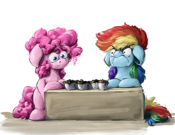 Size: 3300x2550 | Tagged: safe, artist:rigbyh00ves, pinkie pie, rainbow dash, earth pony, pegasus, pony, g4, :c, >:c, angry, burnt, do i look angry, duo, faic, female, floppy ears, food, frown, high res, mare, rainbow dash is not amused, simple background, sitting, unamused