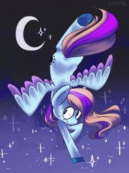 Size: 1600x2156 | Tagged: safe, artist:pixelatedpaper, oc, oc only, oc:bittersweet, pegasus, pony, colored hooves, flying, moon, night, night sky, shading, sky, smiling, solo, stars, wing gradient