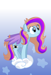 Size: 400x592 | Tagged: safe, artist:andromedasparkz, oc, oc only, oc:bittersweet, pegasus, pony, cloud, colored wings, cute, diabetes, folded wings, gradient background, gradient wings, long mane, smiling, solo, stars, tiptoe, wings