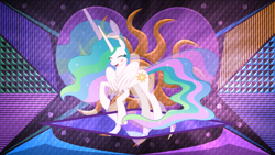 Size: 3840x2160 | Tagged: safe, artist:fruft, artist:laszlvfx, edit, princess celestia, pony, g4, blushing, female, high res, missing accessory, solo, wallpaper, wallpaper edit, wing hands, wings