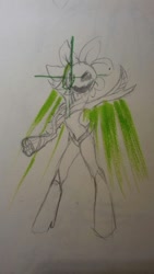 Size: 608x1080 | Tagged: safe, artist:kiwwsplash, pony, boots, flowey, glowing eyes, high heel boots, partial color, ponified, rearing, shoes, smiling, solo, traditional art, undertale