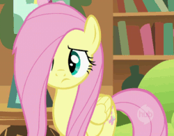 Size: 403x316 | Tagged: safe, screencap, fluttershy, pegasus, pony, g4, season 1, stare master, animated, blowing, blowing mane, cute, female, fixed, fixing, fluttershy's cottage, folded wings, hair over one eye, hub logo, mare, shyabetes, solo, wings