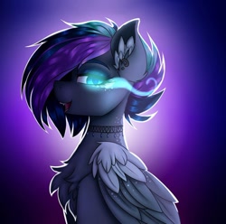 Size: 1080x1073 | Tagged: safe, artist:pearl123_art, oc, oc only, pegasus, pony, abstract background, chest fluff, choker, ear fluff, ear piercing, female, mare, open mouth, pegasus oc, piercing, smiling, solo, sombra eyes, wings