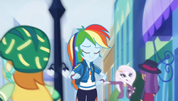 Size: 1272x720 | Tagged: safe, screencap, fleur-de-lis, gallop j. fry, ginger owlseye, rainbow dash, equestria girls, equestria girls series, g4, run to break free, spoiler:eqg series (season 2), backpack, blurry, clothes, eyes closed, female, geode of super speed, magical geodes, pose, slow motion, wristband