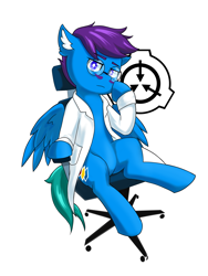 Size: 3120x4160 | Tagged: safe, artist:ninebuttom, oc, oc only, oc:dr.picsell dois, pegasus, pony, chair, clothes, facial hair, glasses, lab coat, male, moustache, office chair, scp, scp foundation, simple background, solo, stallion