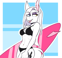 Size: 1908x1782 | Tagged: safe, artist:redxbacon, oc, oc only, oc:rubber bunny, anthro, clothes, female, heterochromia, piercing, solo, surfboard, swimsuit, tongue piercing