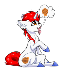 Size: 1446x1470 | Tagged: safe, artist:sherochan, oc, oc only, oc:stroopwafeltje, pony, unicorn, commission, convention, convention oc, cute, horn, male, multiple variants, ponycon holland, simple background, sitting, solo, sticker, stroopwafel, thought bubble, tongue out, transparent background, unicorn oc, ych result