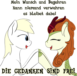 Size: 2000x1983 | Tagged: safe, anonymous artist, autumn blaze, oc, oc:aryanne, kirin, pony, art pack:marenheit 451, g4, /mlp/, duo, eyes closed, female, german, happy, holding hooves, hooves, looking at each other, mare, quadrupedal, smiling, text