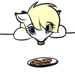 Size: 403x397 | Tagged: safe, anonymous artist, oc, oc:aryanne, pony, art pack:marenheit 451, /mlp/, cookie, food, licking, simple background, solo, table, tongue out