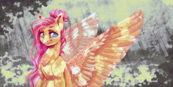 Size: 3390x1715 | Tagged: safe, artist:holka13, fluttershy, pegasus, pony, g4, alternate hairstyle, female, hair bun, mare, older, older fluttershy, solo, spread wings, wings