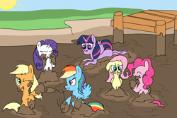 Size: 3000x2000 | Tagged: safe, artist:amateur-draw, applejack, fluttershy, pinkie pie, rainbow dash, rarity, twilight sparkle, alicorn, earth pony, pegasus, pony, unicorn, g4, female, high res, lake, mane six, mare, mud, mud bath, mud fight, mud mask, muddy, pier, rarity loves mud, simple background, squishy, summer, twilight sparkle (alicorn)