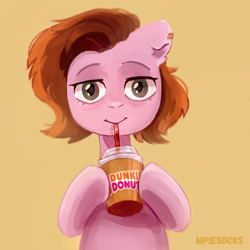 Size: 3500x3500 | Tagged: safe, artist:raily, oc, oc only, pony, coffee, drinking, dunkin donuts, ear piercing, earring, glass, high res, jewelry, piercing, product placement, solo, tubule