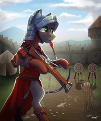 Size: 2503x3000 | Tagged: safe, artist:helmie-art, oc, oc only, earth pony, pony, armor, arrow, bipedal, clothes, crossbow, fort, helmet, high res, mouth hold, quiver, reloading, solo, standing on two hooves, target, tent