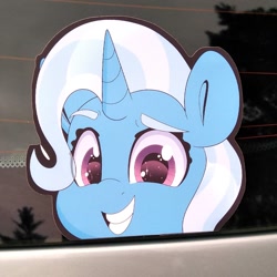Size: 794x794 | Tagged: safe, artist:partypievt, trixie, pony, unicorn, g4, anime, anime eyes, bumper sticker, car, cute, diatrixes, etsy, eyebrows, ford focus, irl, looking at you, peeker, photo, smiling, smirk, solo, sticker