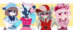 Size: 4000x1667 | Tagged: safe, artist:etoz, oc, oc only, oc:gravel shine, bat pony, earth pony, pony, unicorn, semi-anthro, angry, arm hooves, bandaid, bandaid on nose, bat pony oc, bat wings, belly button, belt, bipedal, blue eyes, blushing, brown hair, cap, cat ears, clothes, cute, earth pony oc, eyebrows, eyebrows down, fangs, female, freckles, grey hair, happy, hat, headphones, hoodie, horn, male, mare, midriff, one eye closed, pink eyes, pink hair, request, requested art, sailor uniform, shirt, skirt, smiling, stallion, stars, teeth, tsundere, unicorn oc, uniform, white hair, wings, wink