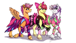 Size: 1920x1080 | Tagged: safe, artist:lupiarts, apple bloom, scootaloo, sweetie belle, earth pony, pegasus, pony, unicorn, g4, clothes, cutie mark crusaders, older, show stopper outfits