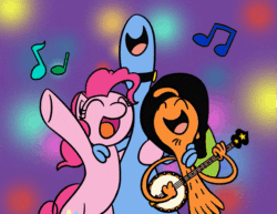 Size: 627x485 | Tagged: safe, artist:flutterluv, pinkie pie, earth pony, pony, zbornak, g4, animated, banjo, colorful lights, crossover, cute, music notes, musical instrument, purple background, simple background, singing, sweet dreams fuel, sylvia (wander over yonder), trio, wander (wander over yonder), wander over yonder