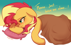 Size: 3891x2450 | Tagged: safe, artist:maren, sunset shimmer, pony, unicorn, g4, blanket, crying, depressed, depression, dialogue, female, gradient background, high res, leave me alone, mare, pillow, sad, solo, sunsad shimmer