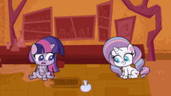 Size: 1280x720 | Tagged: safe, screencap, potion nova, twilight sparkle, alicorn, pony, unicorn, all that jitters, g4.5, my little pony: pony life, animated, bottle, female, grin, hiding, looking at each other, looking at something, magic potion, nervous, nervous smile, potion, shocked expression, sitting, smiling, sound, surprised, talking, twilight sparkle (alicorn), webm, wings, workshop