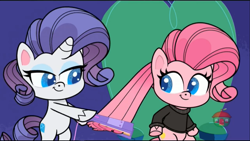 Size: 1366x768 | Tagged: safe, screencap, pinkie pie, rarity, earth pony, pony, g4.5, keynote pie, my little pony: pony life, bipedal, hind legs