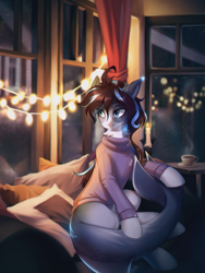 Size: 1871x2489 | Tagged: safe, artist:ls_skylight, oc, oc only, original species, pony, shark, shark pony, art raffle, clothes, evening, lights, pale belly, raffle, raffle prize, room, sitting, solo, sweater, window