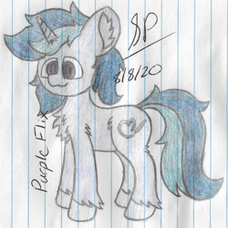 Size: 2060x2064 | Tagged: safe, artist:solder point, oc, oc only, oc:purple flix, pony, unicorn, chest fluff, colored, cute, ear fluff, fluffy, happy, high res, leg fluff, male, signature, smiling, solo, stallion, standing, traditional art