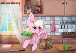 Size: 1024x720 | Tagged: safe, artist:screaming_cat, oc, oc only, oc:bay breeze, pegasus, pony, book, bow, cooking, cute, female, food, hair bow, kitchen, mare, mouth hold, solo