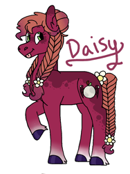 Size: 768x1024 | Tagged: safe, artist:pyrixii, oc, oc only, oc:daisy, earth pony, pony, braided pigtails, braided tail, female, flower, offspring, parent:big macintosh, parent:princess luna, parents:lunamac, silly, simple background, tongue out, white background