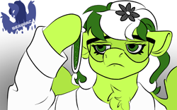 Size: 1920x1200 | Tagged: safe, artist:brainiac, derpibooru exclusive, oc, oc only, oc:margarite daisy, pony, chest fluff, clothes, floppy ears, hoof hold, lab coat, meme, meme weekend, safety goggles, solo, test tube