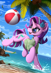Size: 1690x2390 | Tagged: safe, artist:yakovlev-vad, starlight glimmer, pony, unicorn, g4, beach, beach ball, chest fluff, clothes, cute, female, flower, flower in hair, glimmerbetes, high res, horn, mare, open clothes, open mouth, open shirt, open smile, outdoors, palm tree, shirt, slender, smiling, solo, sunglasses, thin, tree, water