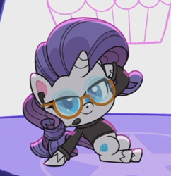 Size: 610x630 | Tagged: safe, screencap, rarity, pony, unicorn, g4.5, keynote pie, my little pony: pony life, clothes, female, glasses, headworn microphone, looking at you, mare, sitting, solo