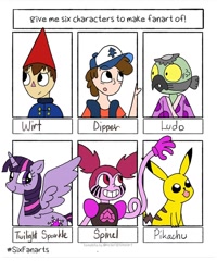 Size: 1080x1350 | Tagged: safe, artist:pomtan_artventures, twilight sparkle, alicorn, gem (race), human, pikachu, pony, g4, spoiler:steven universe: the movie, baseball cap, bust, cap, clothes, crossover, dipper pines, female, gem, gravity falls, hat, kappa, ludo avarius, makeup, male, mare, over the garden wall, pokémon, running makeup, six fanarts, smiling, spinel, spinel (steven universe), spoilers for another series, star vs the forces of evil, steven universe, steven universe future, steven universe: the movie, twilight sparkle (alicorn), wirt