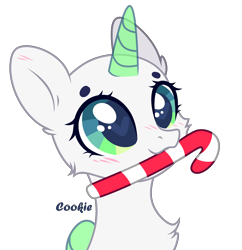 Size: 2634x2720 | Tagged: safe, artist:mint-light, oc, oc only, alicorn, pony, alicorn oc, bald, base, blushing, bust, candy, candy cane, chest fluff, eyelashes, food, high res, horn, mouth hold, simple background, solo, transparent background, transparent horn, transparent wings, wings