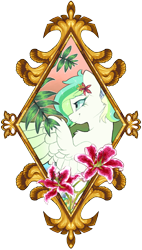 Size: 1848x3244 | Tagged: safe, artist:breloomsgarden, oc, oc only, oc:verdure phoenix, pegasus, pony, bust, female, fern, flower, flower in hair, gold, leaves, lily flower, mare, picture frame, portrait, simple background, smiling, solo, transparent background, ych example, your character here