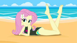 Size: 1920x1080 | Tagged: artist needed, safe, edit, editor:astroboy84, fluttershy, human, equestria girls, equestria girls series, 1920x1080, ass, barefoot, beach, beach babe, beautiful, beautiful eyes, bedroom eyes, breasts, butt, clothes, cute, feet, feet up, female, flutterbutt, fluttershy's one-piece swimsuit, foot focus, legs, legs in air, long hair, looking at you, ocean, one-piece swimsuit, outdoors, pink hair, pinup, prone, sky, smiling, solo, swimsuit, toes, wallpaper, wiggling toes